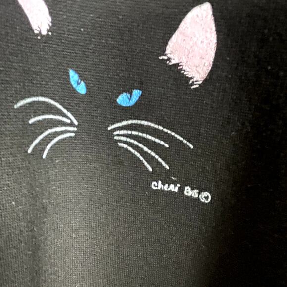 VINTAGE ACTON Lg Black Cat Face Printed Sweatshirt Pink Accents 1986 Made in USA - Picture 3 of 7